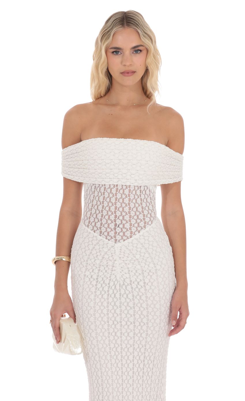 Off Shoulder Lace Bodycon Maxi Dress in White