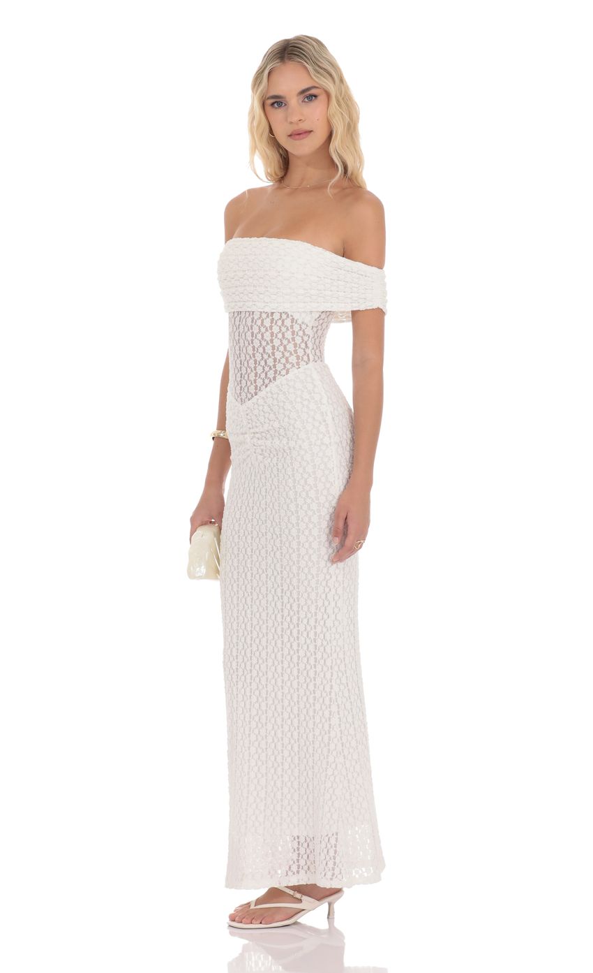 Off Shoulder Lace Bodycon Maxi Dress in White